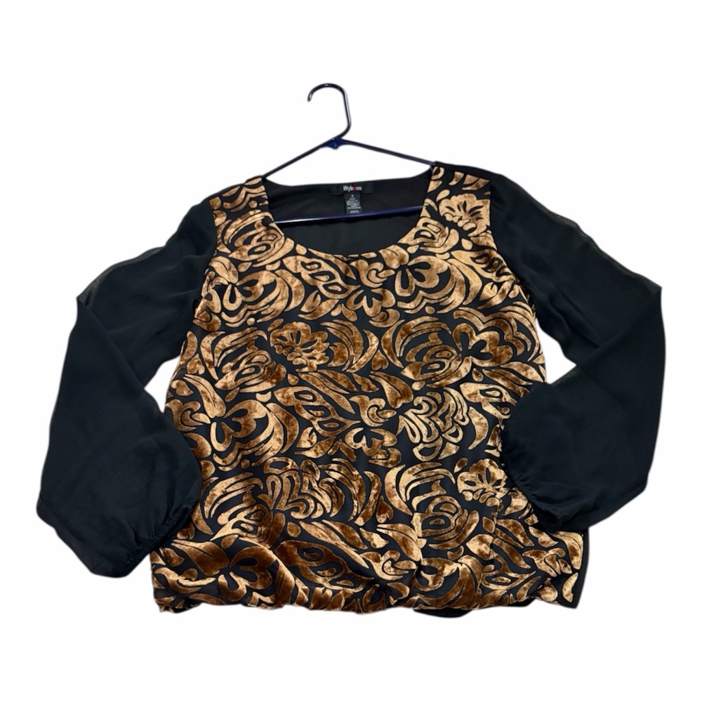 Style and Co. Blouse Paisley Velvet Sheer Sleeves Small